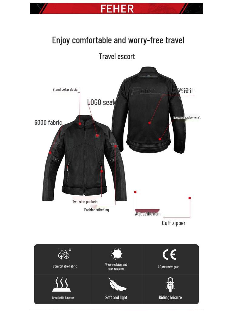 FEHER Summer Mesh Motorcycle Jacket: Breathable, Anti-Fall Riding Suit for Men and Women