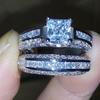 2 PCS Princess Cut Silver Color White Rhinestone & Crystal Wedding Rings Set Size 6-11