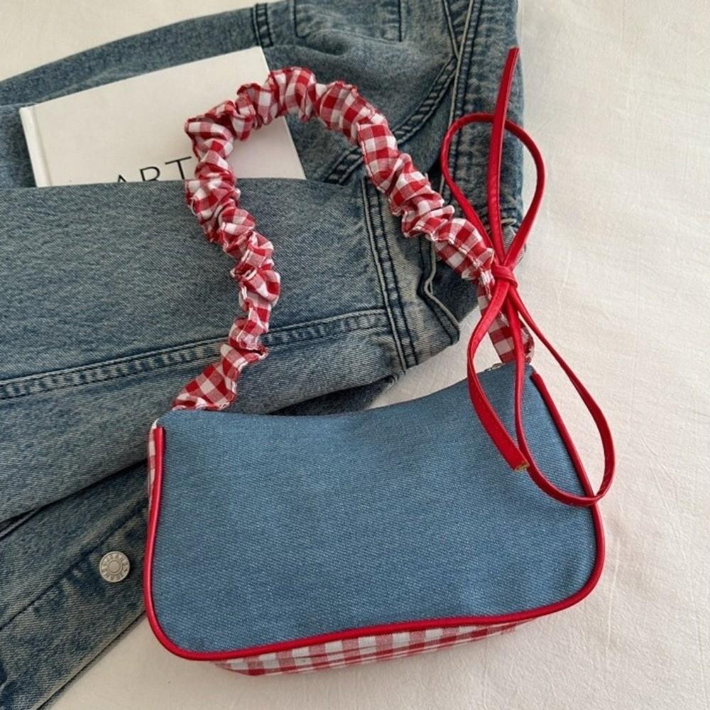 Plaid Lattice Shoulder Bag Rural Style Crossbody Bag Lovely Denim Underarm Bag Students