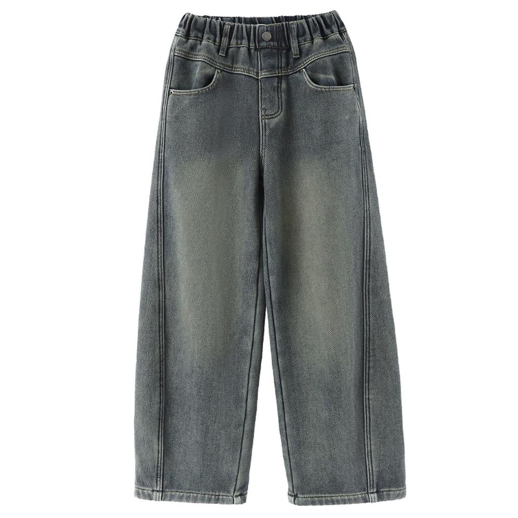 Girls' 2025 Korean Style Fleece-Lined Loose Wide-Leg Winter Jeans for Middle and Big Children
