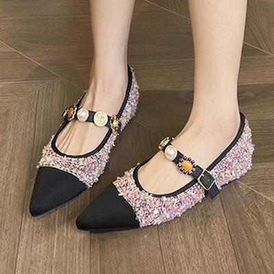 Модные дизайнерские балетки женские лоскутные твидовые балетки балерины женские с острым носком с каменным ремнем лоферы на танкетке мокасины