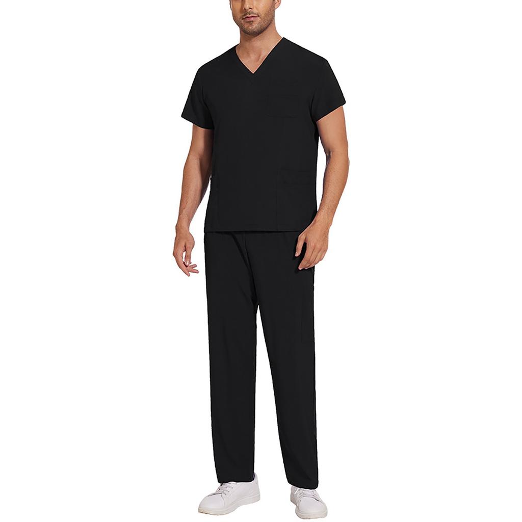 Soild Scrub Working Uniform Suit For Men's Cross V-Neck Short Sleeve Fun T-Shirts Workwear Tee With Pockets