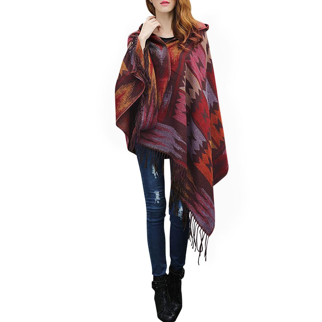 Vintage Women Autumn Hooded Cloak Geometric Buckle Tassel Warm Bohemian Casual Poncho