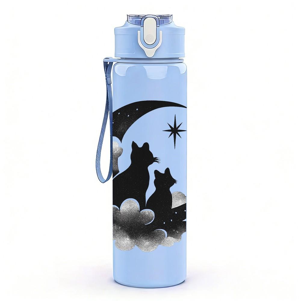 1PC Cat Moon Night Silhouette 750ml Color Plastic Sports Water Bottle Leakproof Flip Straw Lid Suitable for Sports Office Home Use