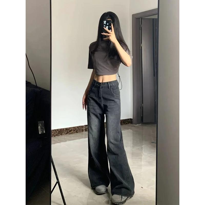 Korean Vintage High Waist Women's Jeans Y2K Slimming Pear-Shaped Loose Straight Bell Bottoms Black Gray Baggy Denim Trousers