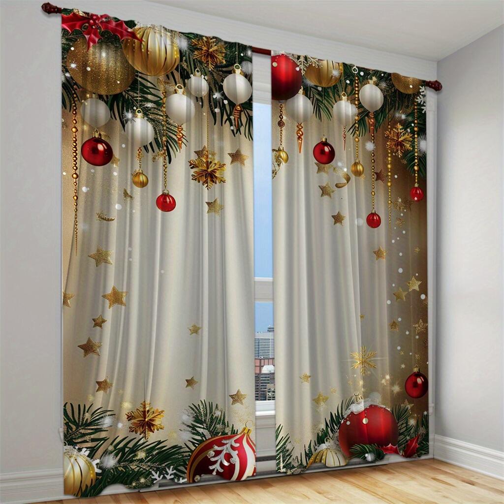 Christmas Ball Stars Decorated Curtain Red Holiday Ribbon Curtain a Set of Two, Home Living Room Bedroom Kitchen Shade Curtain