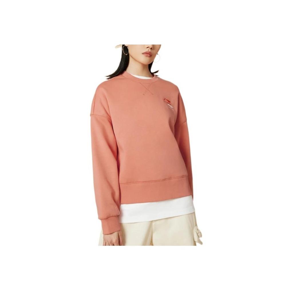 Li-Ning Сплошной цвет с вышивкой логотипа, теплая флисовая толстовка с длинными рукавами и круглым вырезом, женские топы, песочно-оранжевый AWDSF70-3