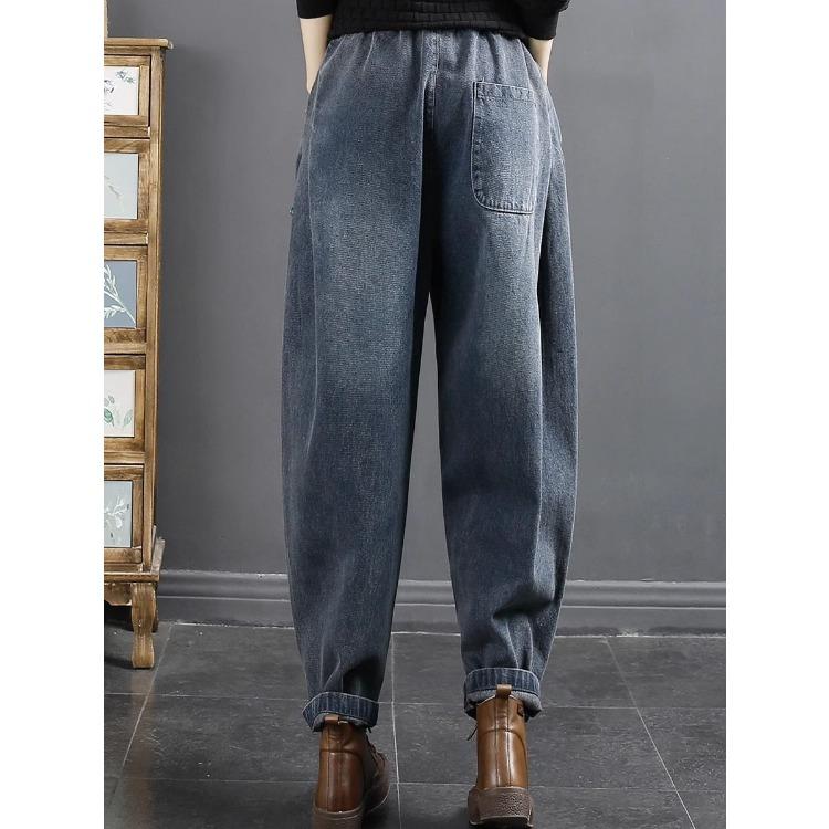 Женские весенне-осенние модели на четыре сезона, показывающие тонкую эластичную талию с дисковой пряжкой, брюки харен большого размера, повседневные джинсы