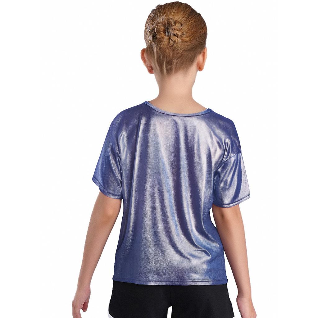 Unisex Kids Metallic Shiny Jazz Dance Top Sparkly T-shirt Performance Wear Boys Girls Dance Class Outfit