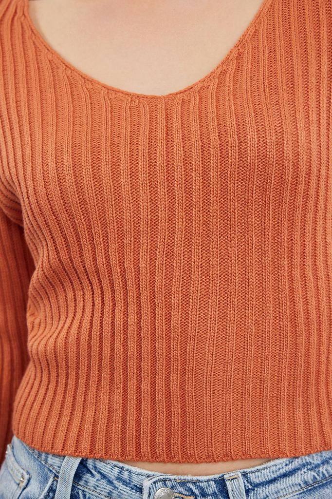 Женский элегантный свитер, оранжевый укороченный базовый трикотажный свитер с V-образным вырезом