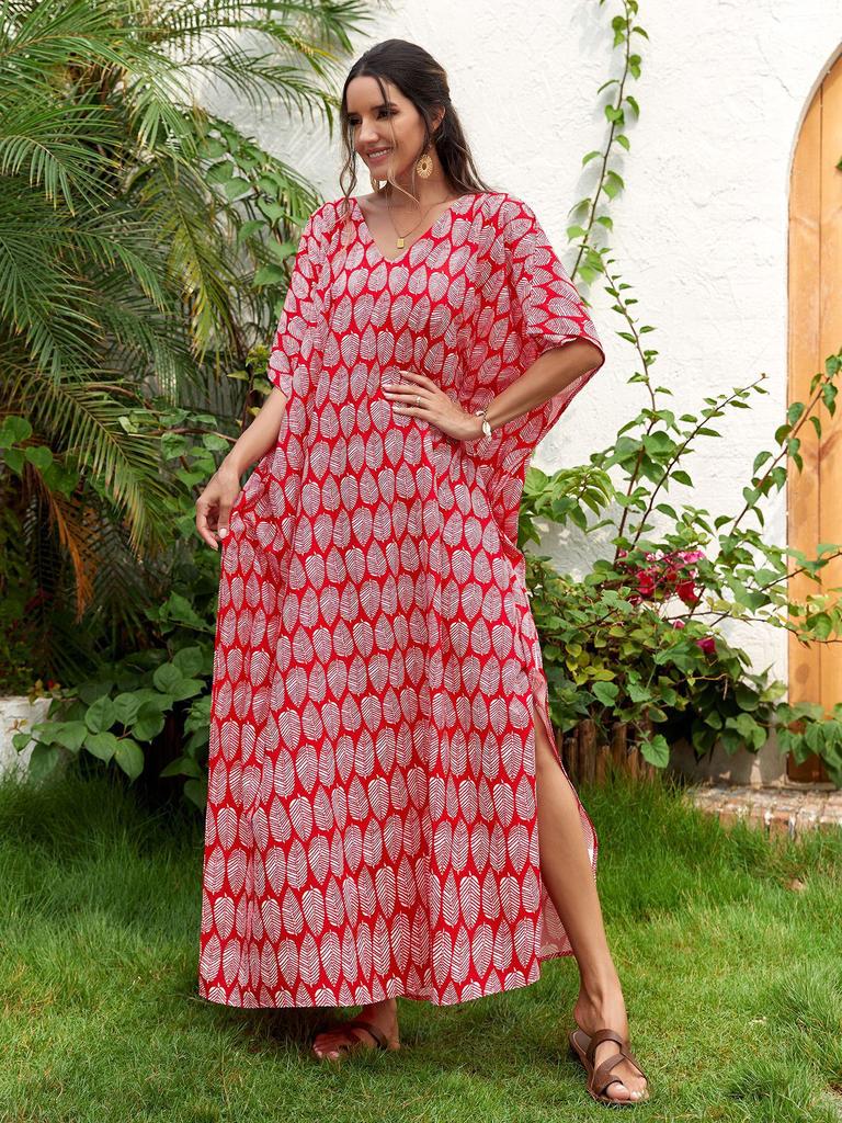 Пляжная накидка с V-образным вырезом с принтом: Свободный халат в европейском и американском стиле для отдыха на море