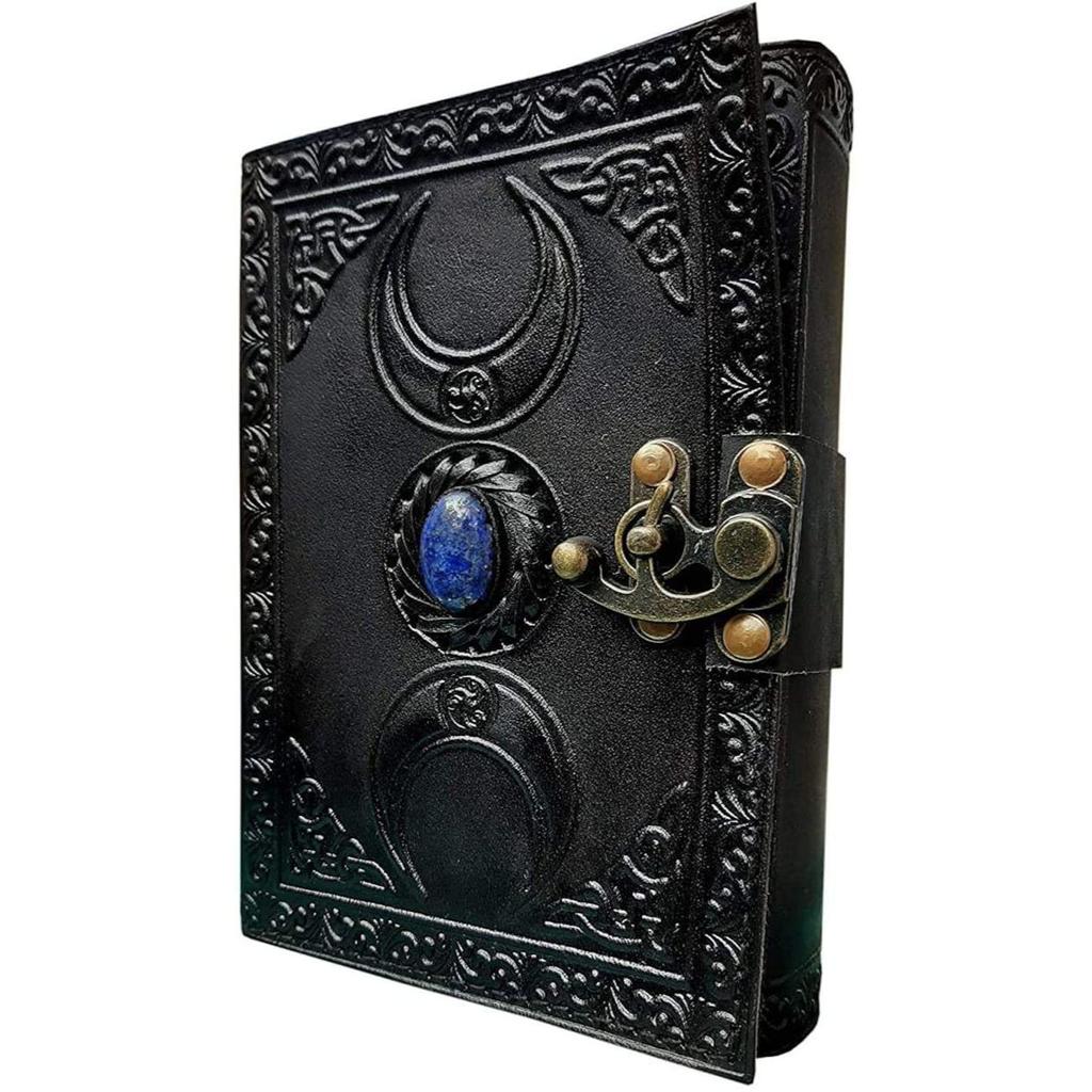 A5 Triple Moon Goddess Leather Black Journal | 4 Stone Options | 200 Sheets | Brass C Clasp | Medieval | Goddess Leather Journal