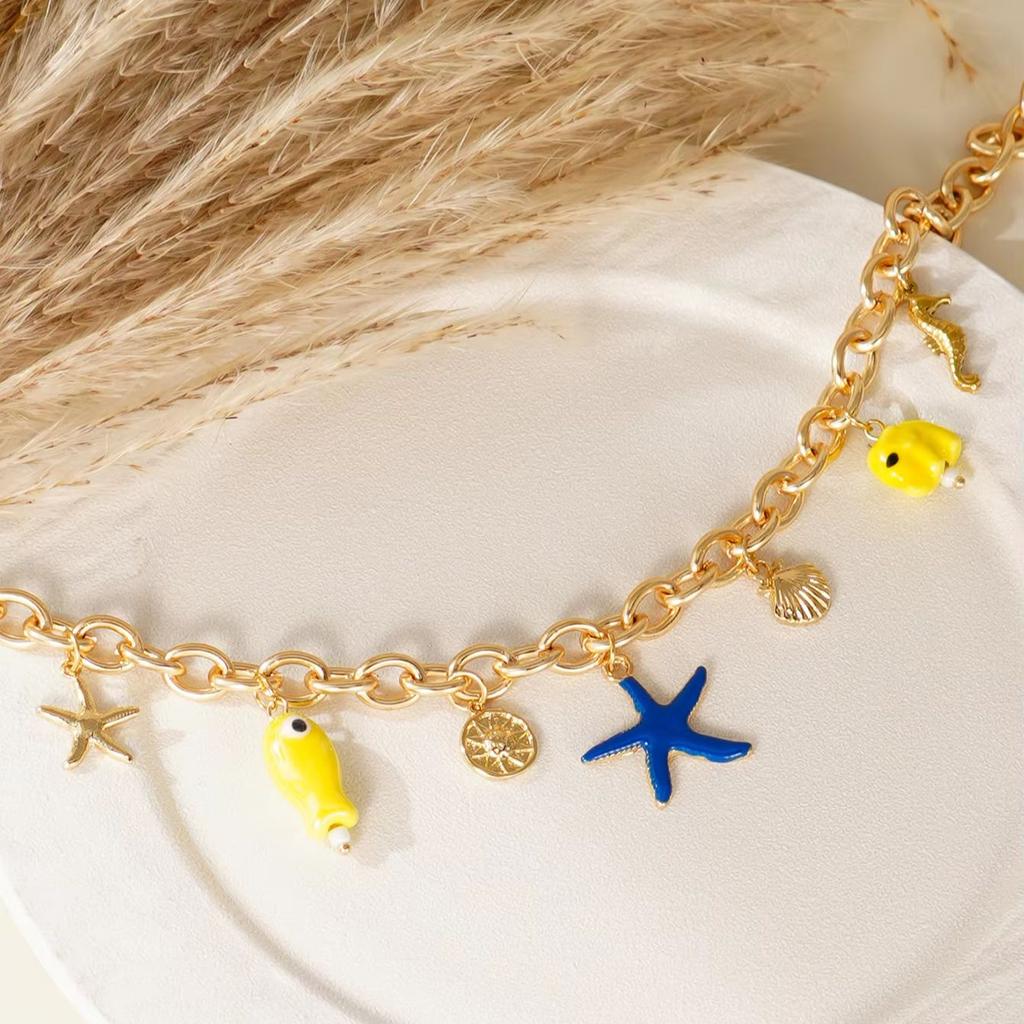 Bohemian Y2K Ceramic Fish Starfish Shell Decorated Cuban Link Necklace for Beach Vacation Party Jewelry Accessories