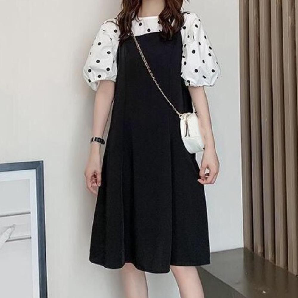 A-line Suspenders Dresses Women Dot T shirt Dress All-match Two Piece Set Dress Student
