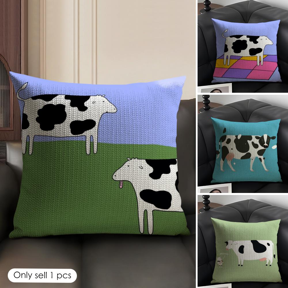 Cow Cartoon Cushion Cover Natural Linen Organic Fabric DoubleSided Printing Sofa Home Decor Gift Pillow Case