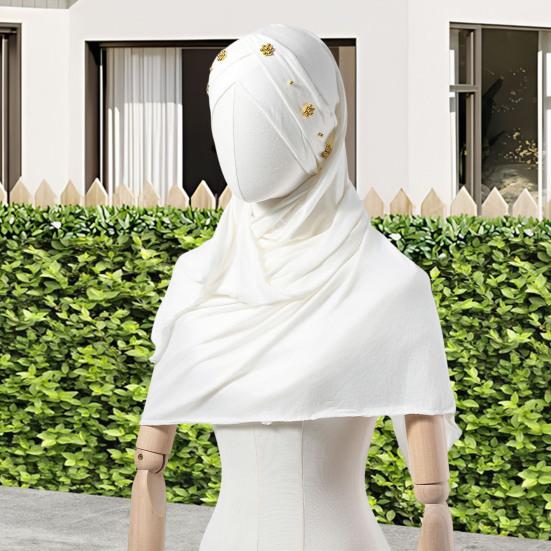 Headscarf Hat with Bright Bead Pleated Design Solid Color Shawl Design Head Wrap Breathable Fabric Turban Hat