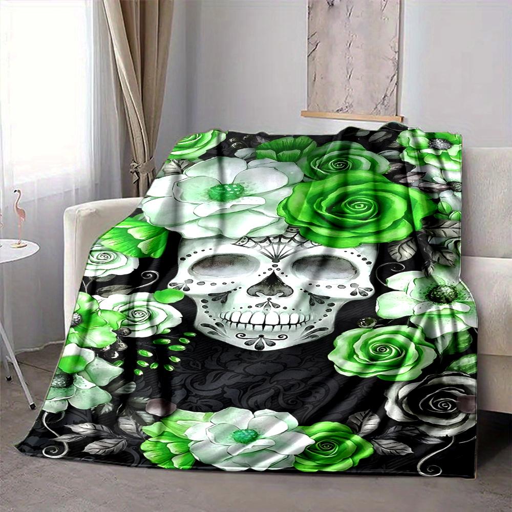 1Pc Green Floral Skull Artwork Flannel Blanket, Soft And Comfortable, Casual Warm, Camping Travel, Christmas, Halloween Xmas Gift. G1240