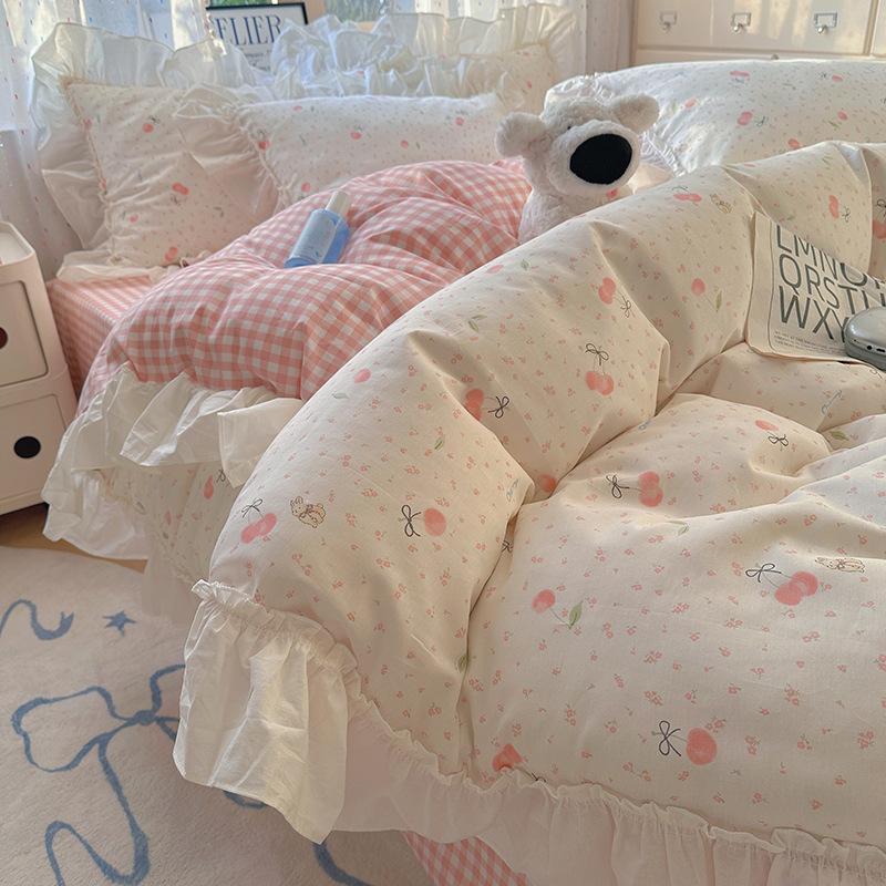 Французское кружево Комплект из четырех предметов для кровати Чистый хлопок Гипоаллергенный Комфортный Дышащий Стиранная простыня Пододеяльник Наволочка