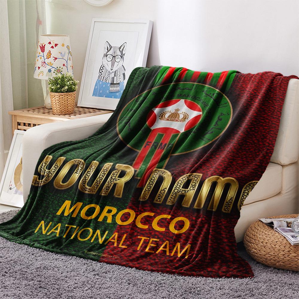 1PC Moroccan Football Crest Custom Name Patterned Flannel Blanket Suitable For All Seasons For Home Decor Warmth And Comfort Gifts Holiday Present