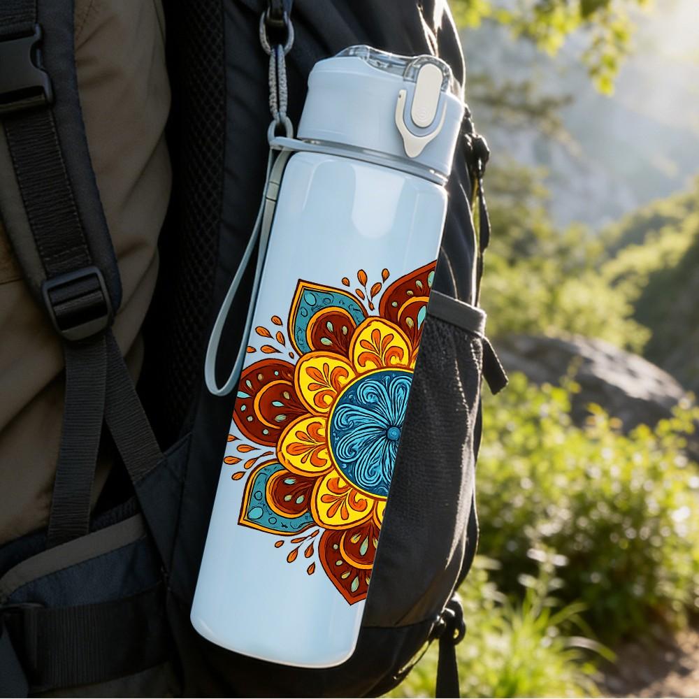 1PC Brown Orange Mandala Pattern 750ml Color Plastic Sports Water Bottle Leakproof Flip Straw Lid Suitable for Sports Office Home Use