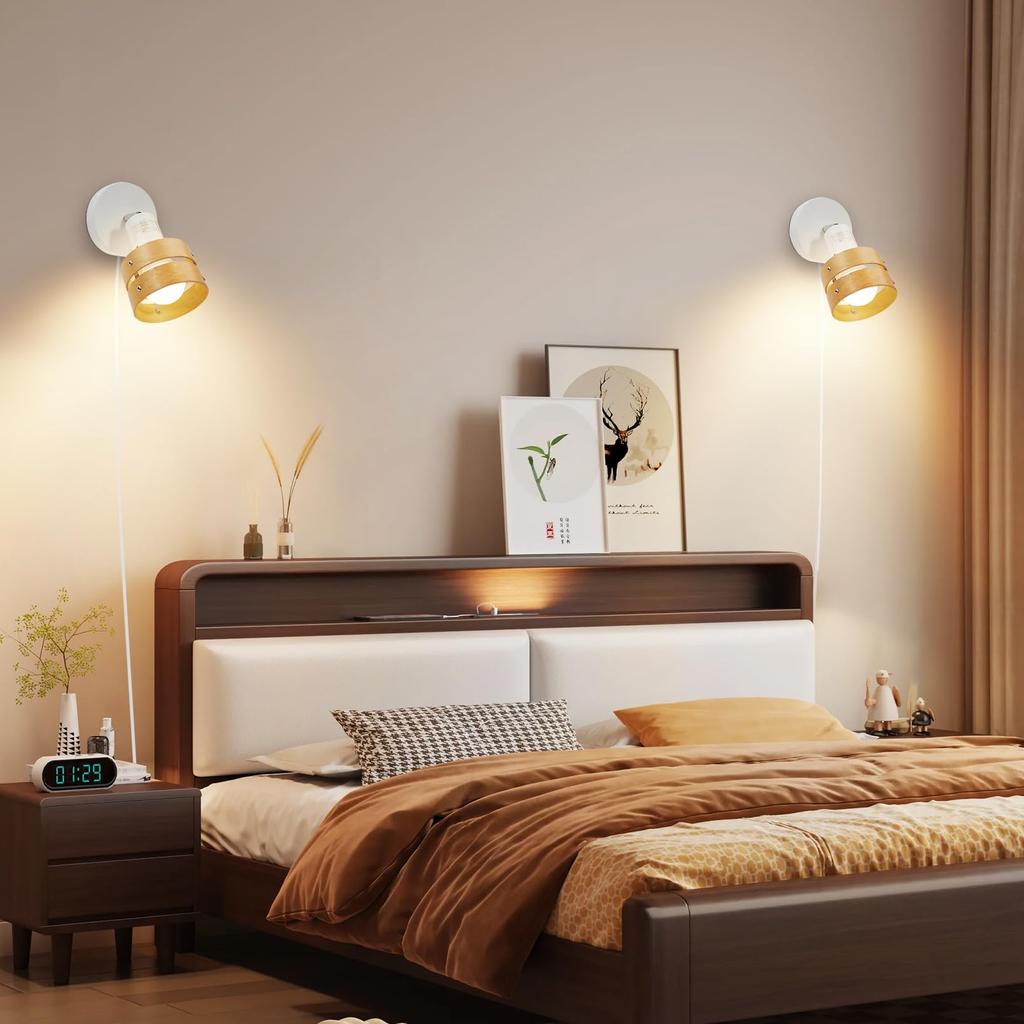 Aiwode Wall Lamp, Wood-Colored Circle, E26 Compatible, 360-Degree Rotation, Wall-Mounted Lighting with Switch, Luxury, Eye-Friendly, Energy-Saving,