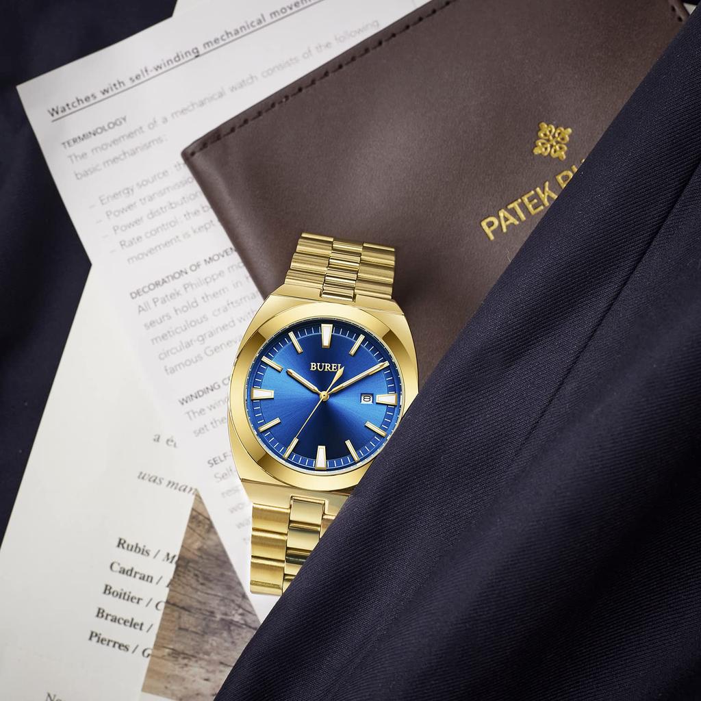 Мужские аналоговые кварцевые часы BUREI, Золотые, Водонепроницаемые, Отображение даты, Большой циферблат, Популярные, Стильные, Мужские, Для бизнеса, Повседневные, Светящиеся, Золотые часы