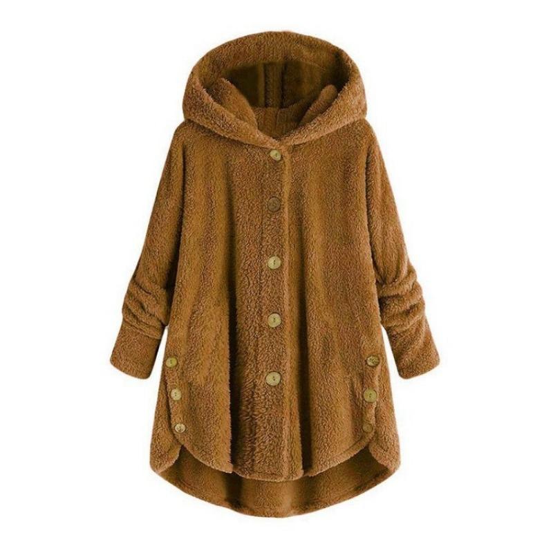 Women's Coat Button Plush Solid Color Hooded Jacket