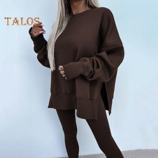 2 шт./комплект женский топ брюки костюм круглый вырез длинный рукав асимметричный подол толстовка эластичный пояс однотонные брюки зимний повседневный спортивный костюм