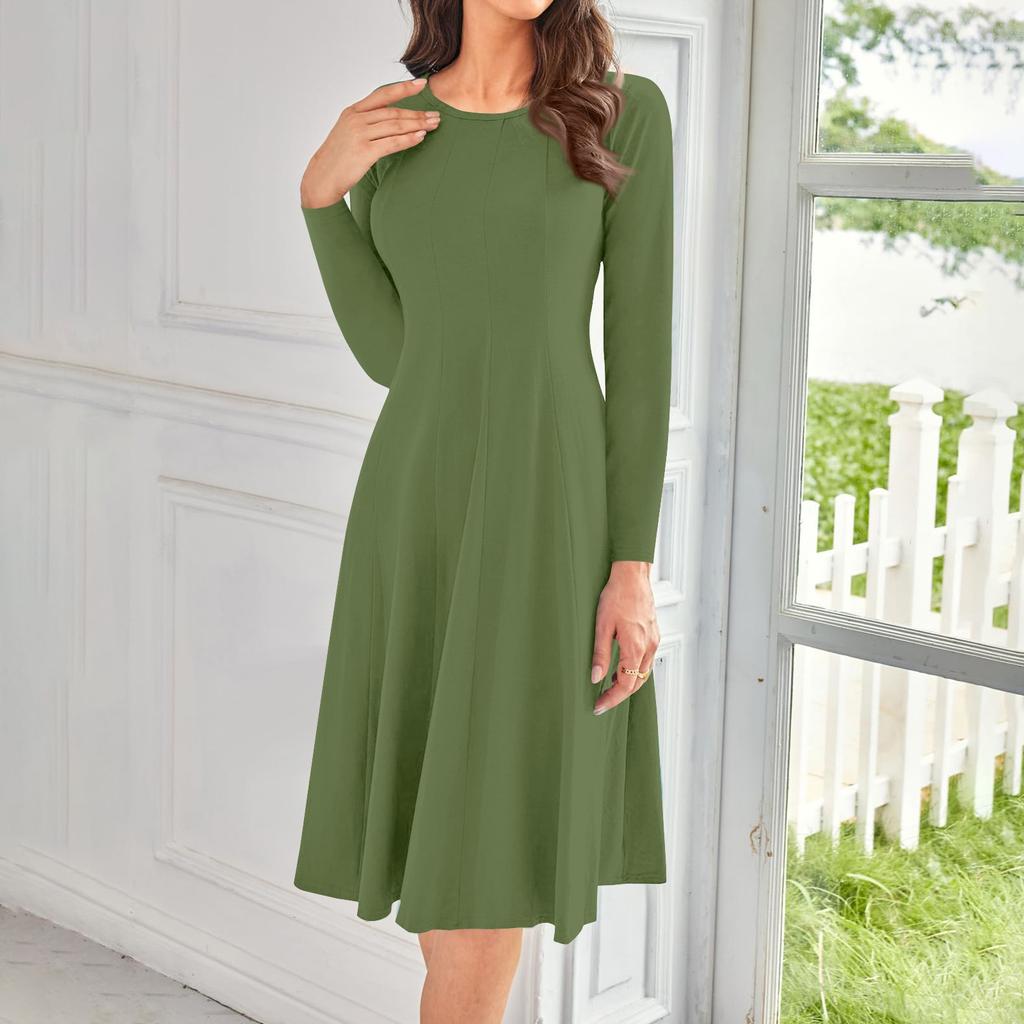Женское повседневное модное платье миди с круглым вырезом и длинным рукавом