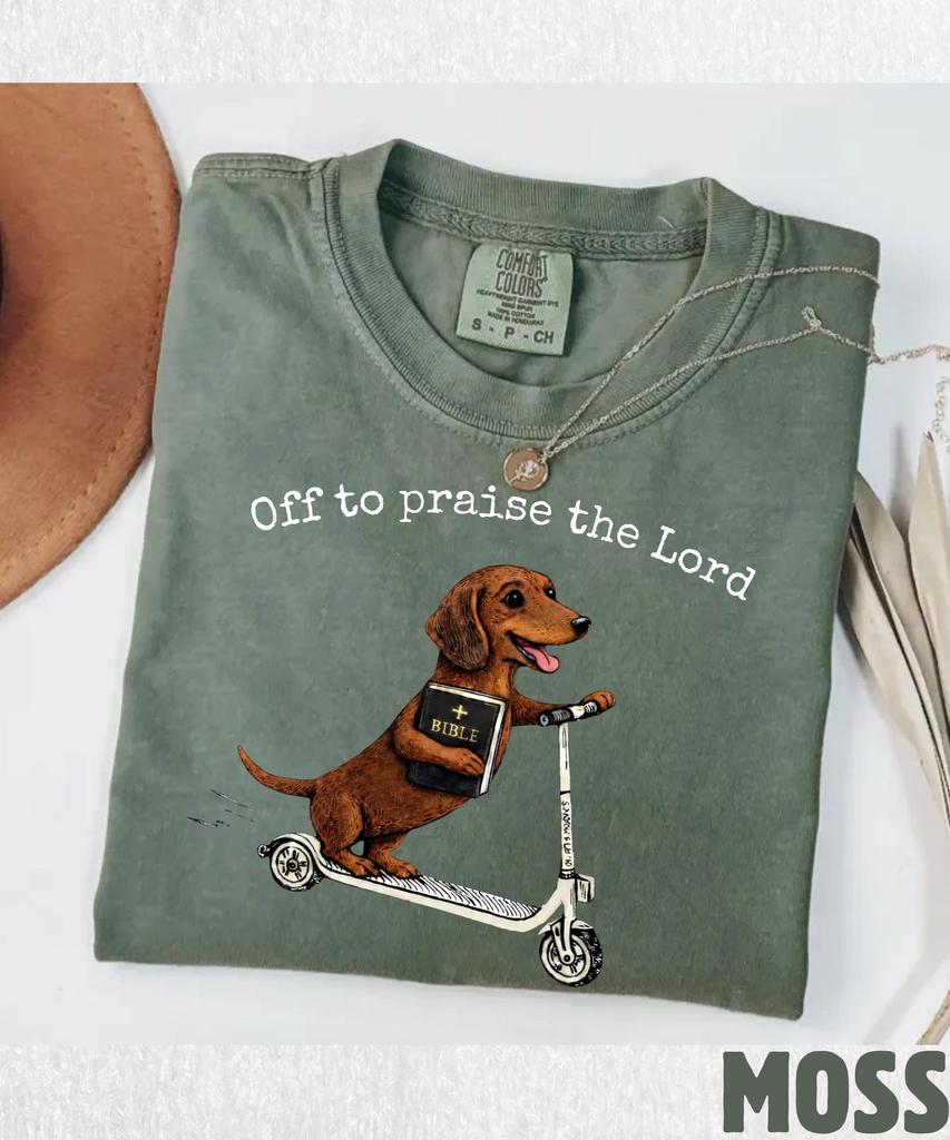Comfort Colors Christian Tshirt,Funny Dachshund Off To Praise The Lord Top,Bible Study Faith Shirt,Jesus Church Faith Humor Gift,Easter Tee