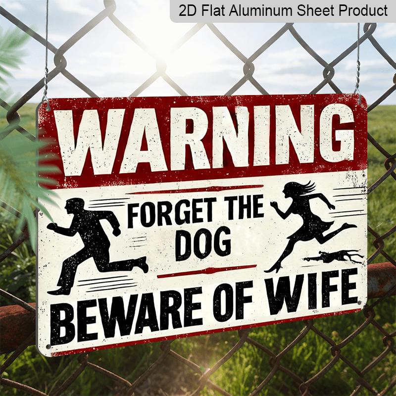 2D Flat 1pc Funny 'Beware of The Wife' Retro Metal Sign - 8x12 Inch Aluminium Wall Decor with Running Silhouette & Dog Warning, Rustic Red and Black