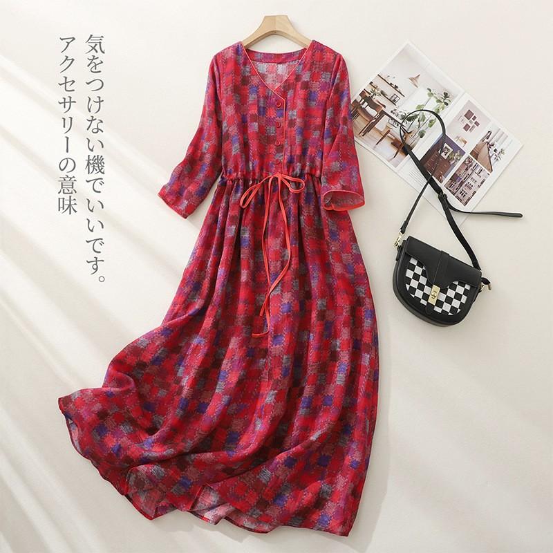 2025 лето новый хлопок и лен с принтом темперамент тонкая цветочная юбка свободное платье с V-образным вырезом и рукавом семь четвертей