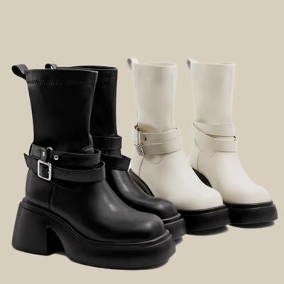 Платформа Женские Ботинки Челси До Середины Икры Новые Зимние Туфли На Среднем Каблуке Массивные Мотоциклетные Ботинки Вечеринка Готика Снежные Туфли-лодочки Mujer Botas