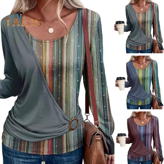Женские топы с круглым вырезом и длинными рукавами, пуловеры, полосатые принты, повседневная свободная футболка, повседневная одежда