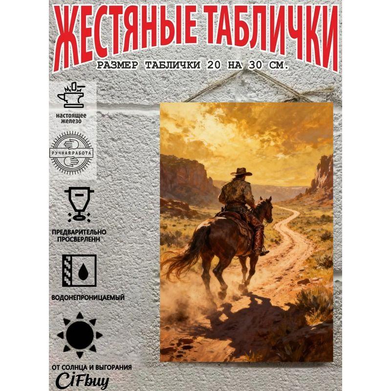 Металлическая жестяная табличка "Ковбой на лошади" 20x30 см Рустикальный декор стен