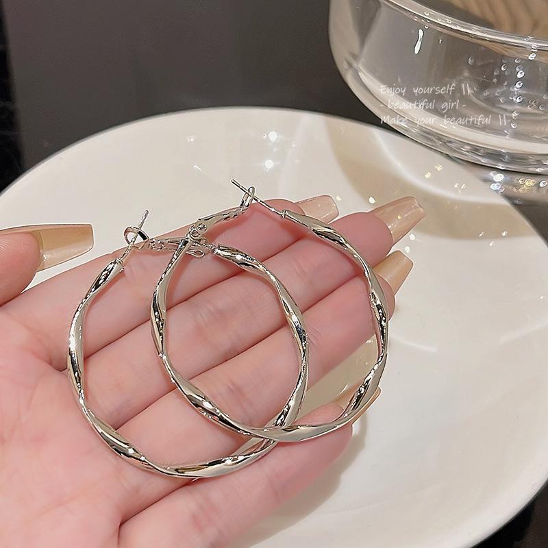 S925 Silver Needle Large Twisted Metal Hoop Earrings for Women - European & American Light Luxury Style