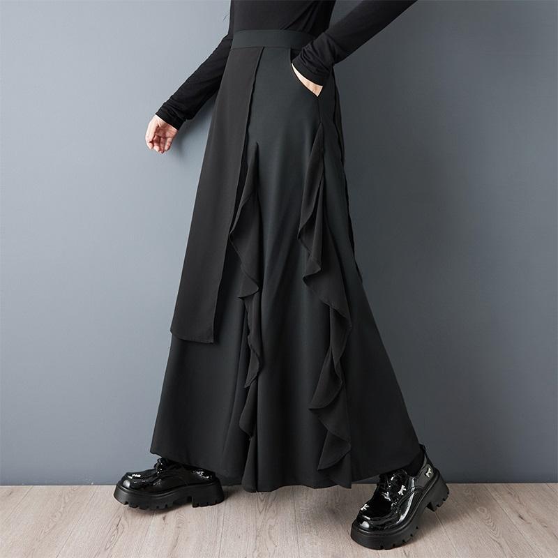 Черный Большой размер Винтажный с высокой талией Повседневный свободный Весна Лето Осень широкие брюки-юбка Женские брюки