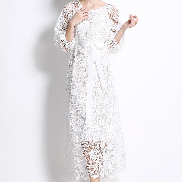 Spring Autumn Women Elegant Embroidery Lace Crochet Flower Oversized Lace-up Ankle Length Party Dresses