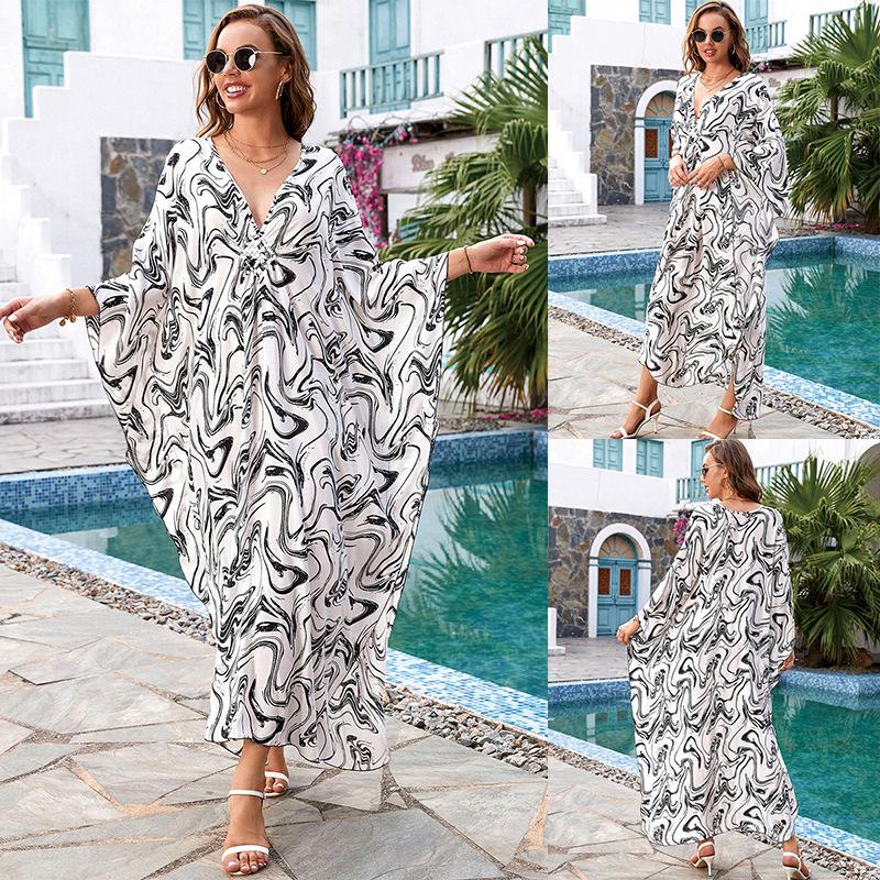 European & American Cotton Print Plus Size Loose Beach Dress Cover-Up for Women