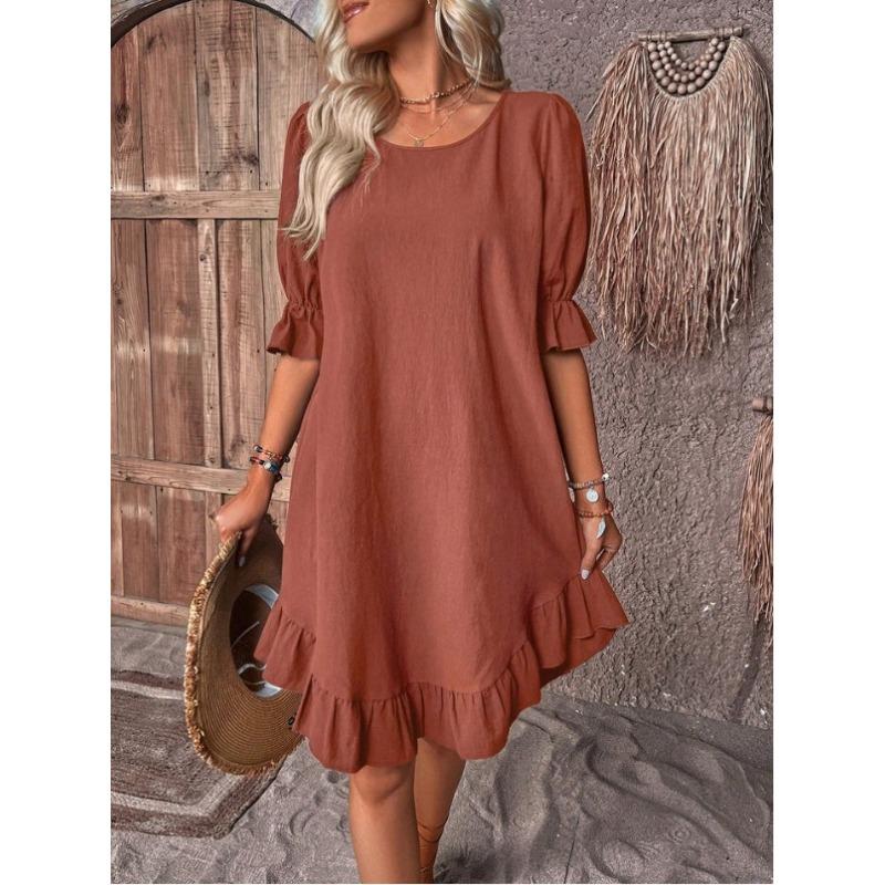 Solid Color Half Sleeve Dress, Casual Crew Neck Dress For Spring, Women's Clothing