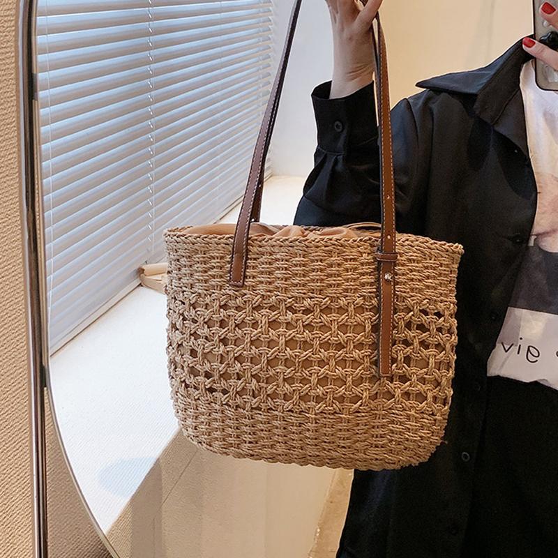 Соломенная сумка-ведро большой емкости для женщин, летняя тканая пляжная сумка-тоут с верхней ручкой, сумка-шоппер