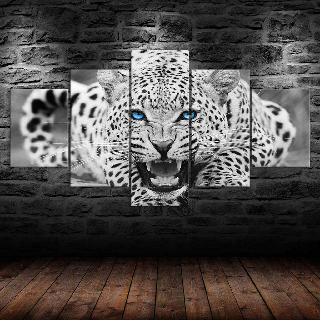 White Leopard Bright Blue Eyes 5 Piece Five Panel Wall Canvas Print Modern Art Poster Picture Home Decor Gift For Him For Her