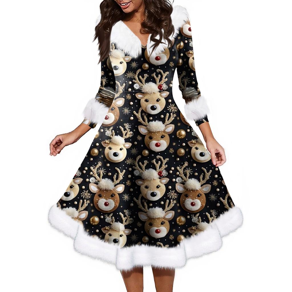 Женское модное повседневное платье с v-образным вырезом и рождественским принтом для вечеринки с длинными рукавами