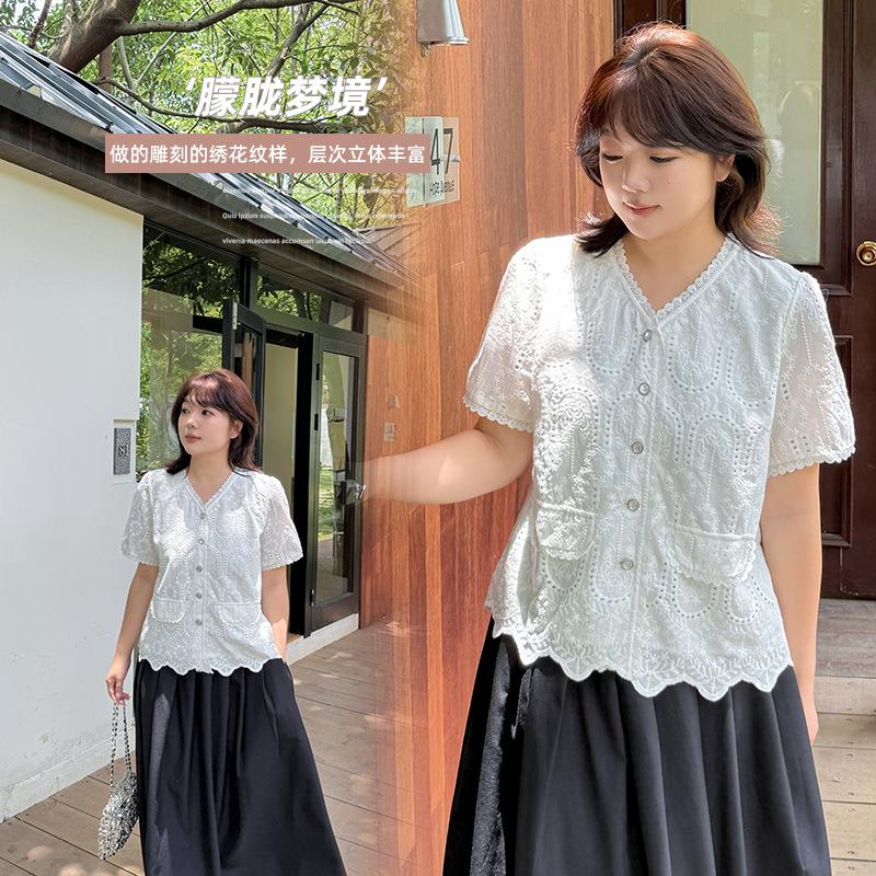 Large size women's clothing Korean gentle temperament V-neck shirt summer new sweet short-sleeved top 252551