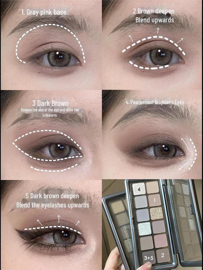 Палитра теней для век Phantom Bear Haze из 12 цветов: Землистые тона в сером, матовом, перламутровом и бриллиантовом исполнении