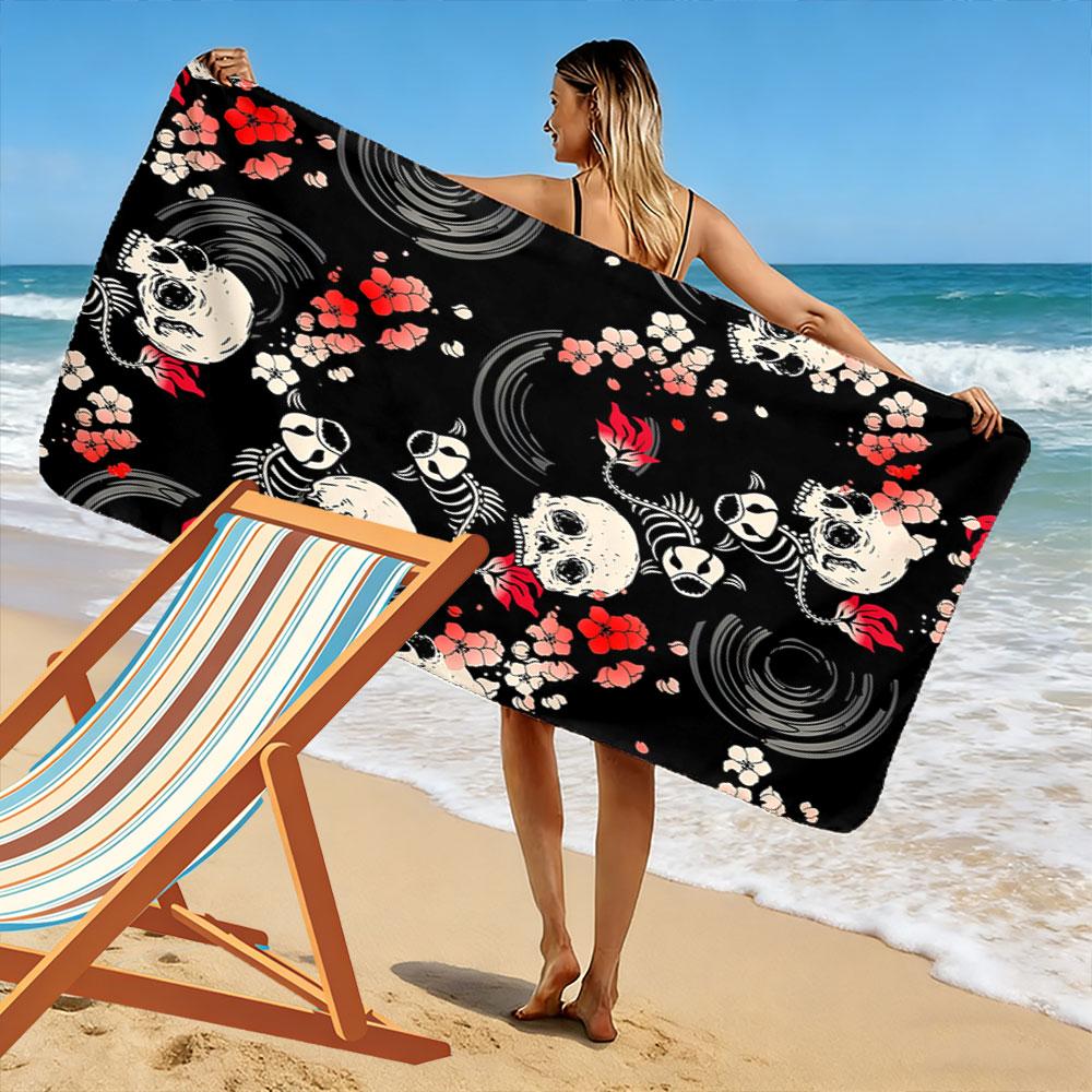 Fiery skulls amidst blossoms Print beach towel, quick drying, suitable for travel, outdoor sports, jogging, the beach and swimming, gift