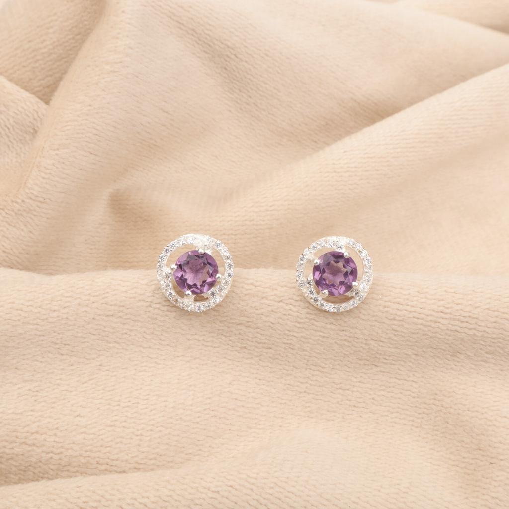 Natural Amethyst Gemstone 925 Sterling Silver Jewelry Zircon Stud Earrings 0.41" CZE-8-12