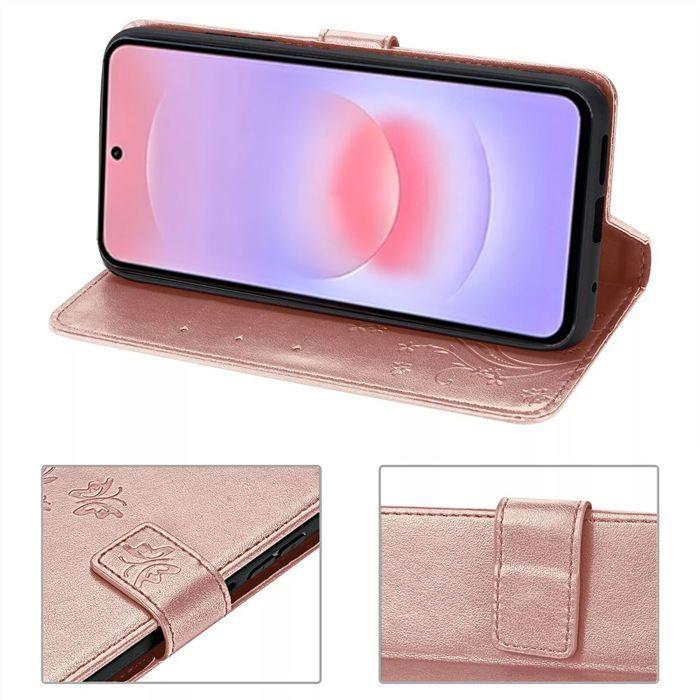 Coque Synthécuir - BOOLING - pour Samsung Galaxy A37 5G - Anti-Rayures Rose Motif Plante Papillon