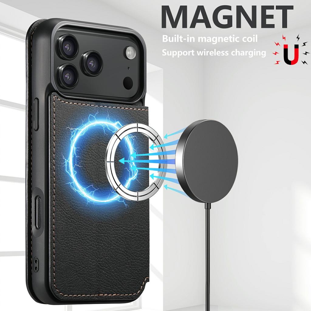 SUTENI J06 For iPhone 17 Pro Case Litchi Texture Leather Wallet Phone Shell Compatible with MagSafe