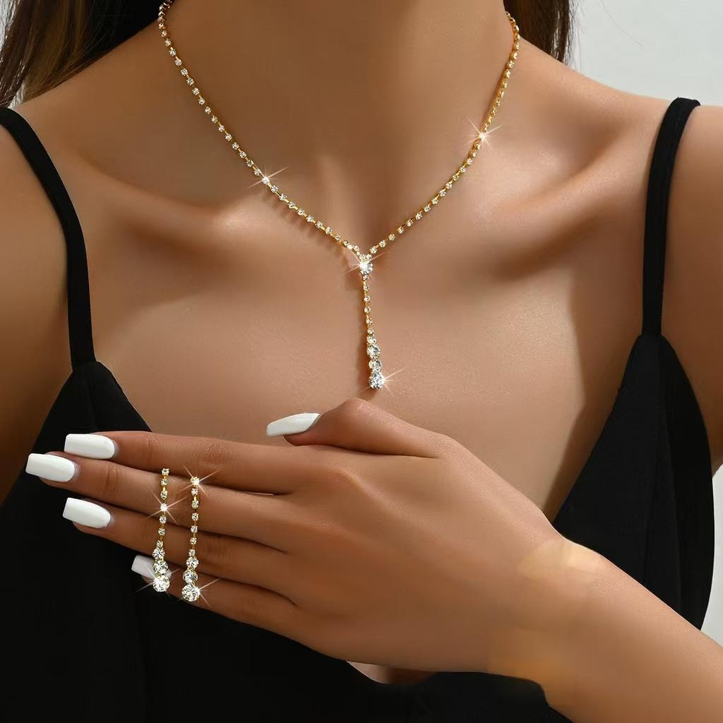 2026 Simple Bridal Jewelry Set Ornaments Light Luxury Zircon Necklace Earrings Bracelet Set Multi-color Selection
